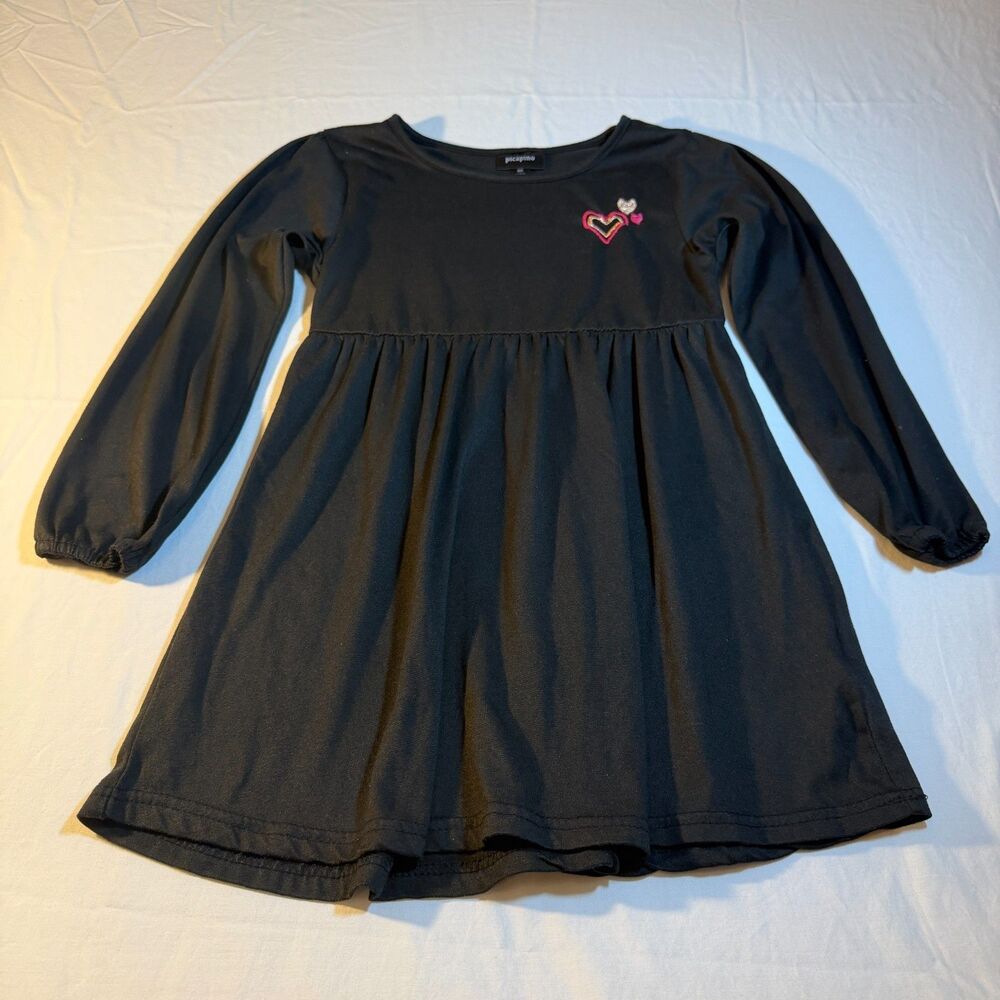 Picapino 6 Long Sleeve Dress Girls Black Knit Cotton Embroidered Hearts Casual